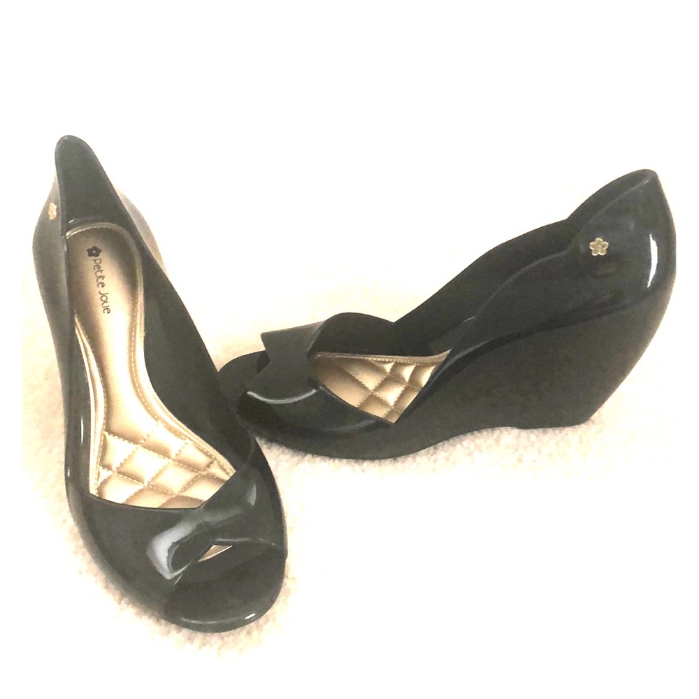 Petite Jolie Black Peep-Toe Wedges